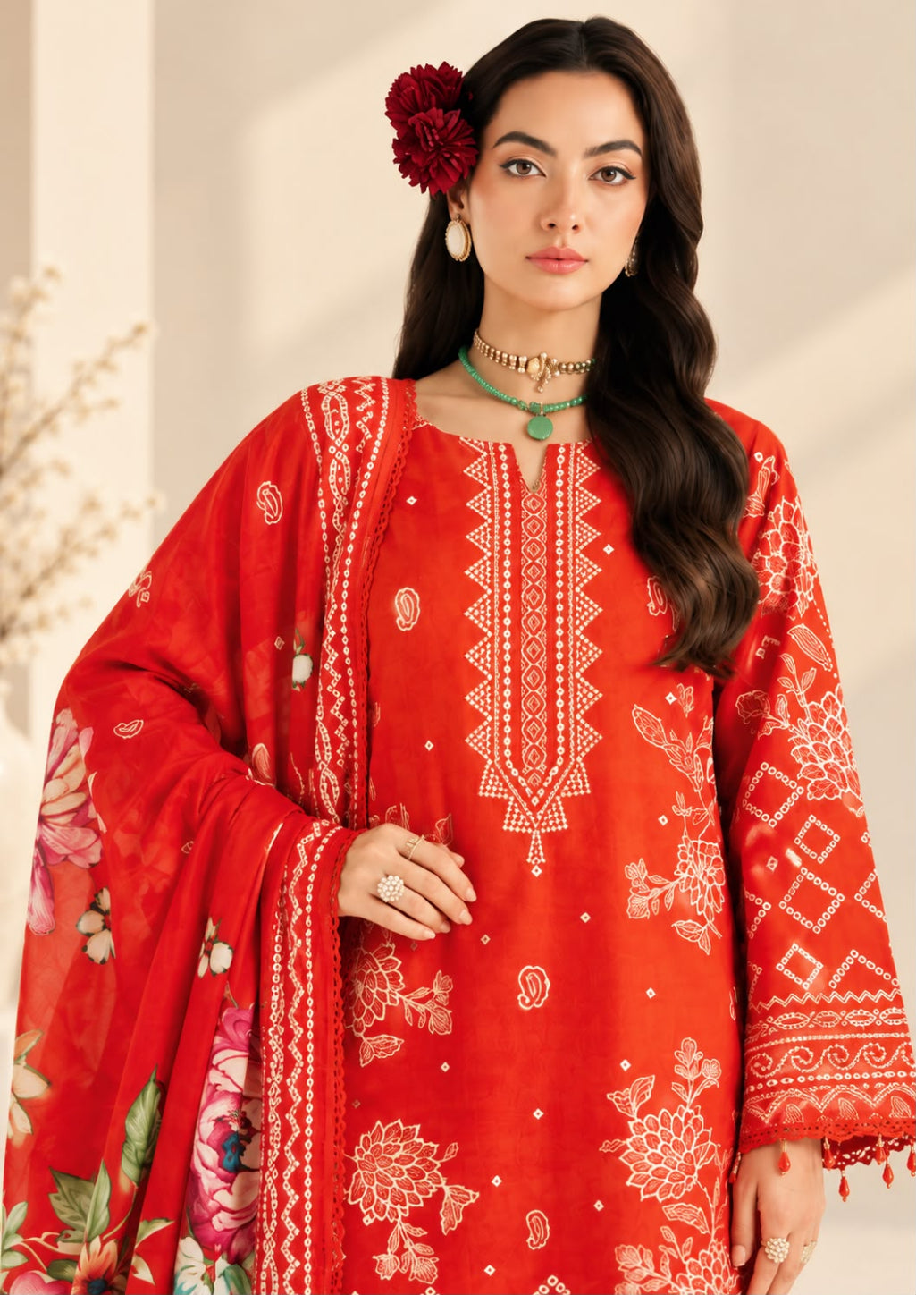 A woman modeling a bright red traditional outfit with intricate white embroidery, featuring a kurta, matching dupatta, and a red floral hair accessory against a warm beige background.