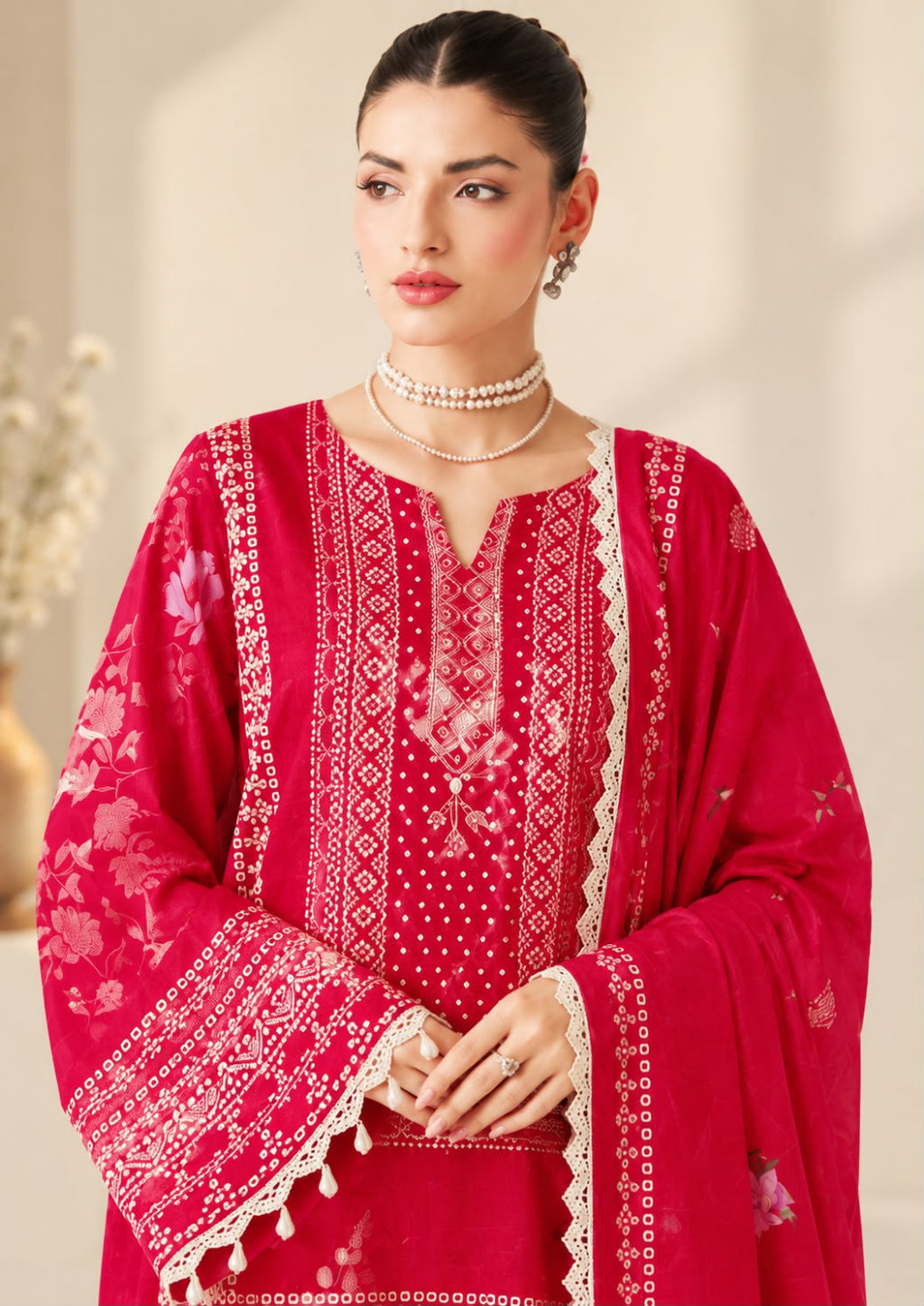 A woman wearing a bright pink traditional embroidered outfit with a matching dupatta, featuring intricate white embroidery, lace borders, and floral patterns.