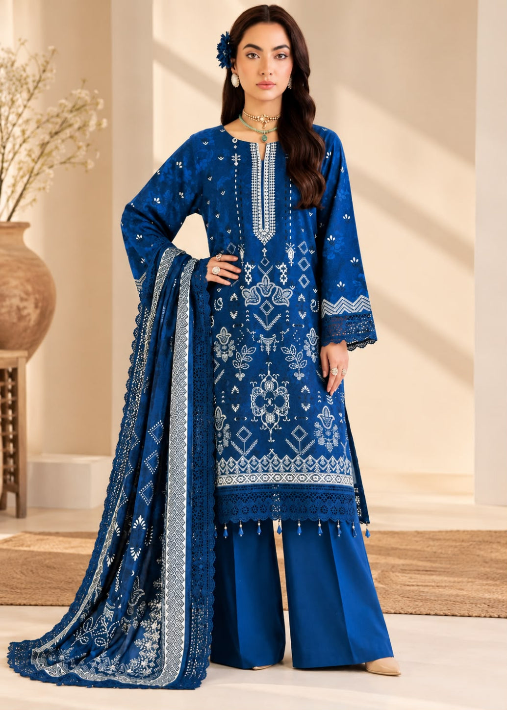 A woman models a royal blue ethnic three-piece suit set featuring a heavily embroidered kurta, matching wide-leg pants, and a coordinating dupatta with intricate white and silver patterns, set against a warm beige background.