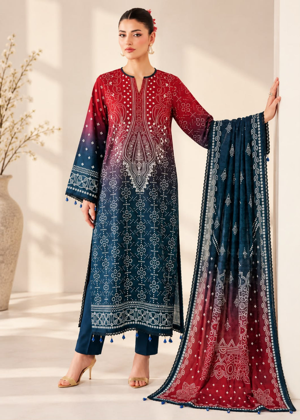 A woman models a traditional three-piece salwar kameez suit set with a matching dupatta. The kurta features a red-to-blue gradient with intricate white embroidery, paired with matching trousers and a dupatta that has a blue-to-red gradient with white patterns.