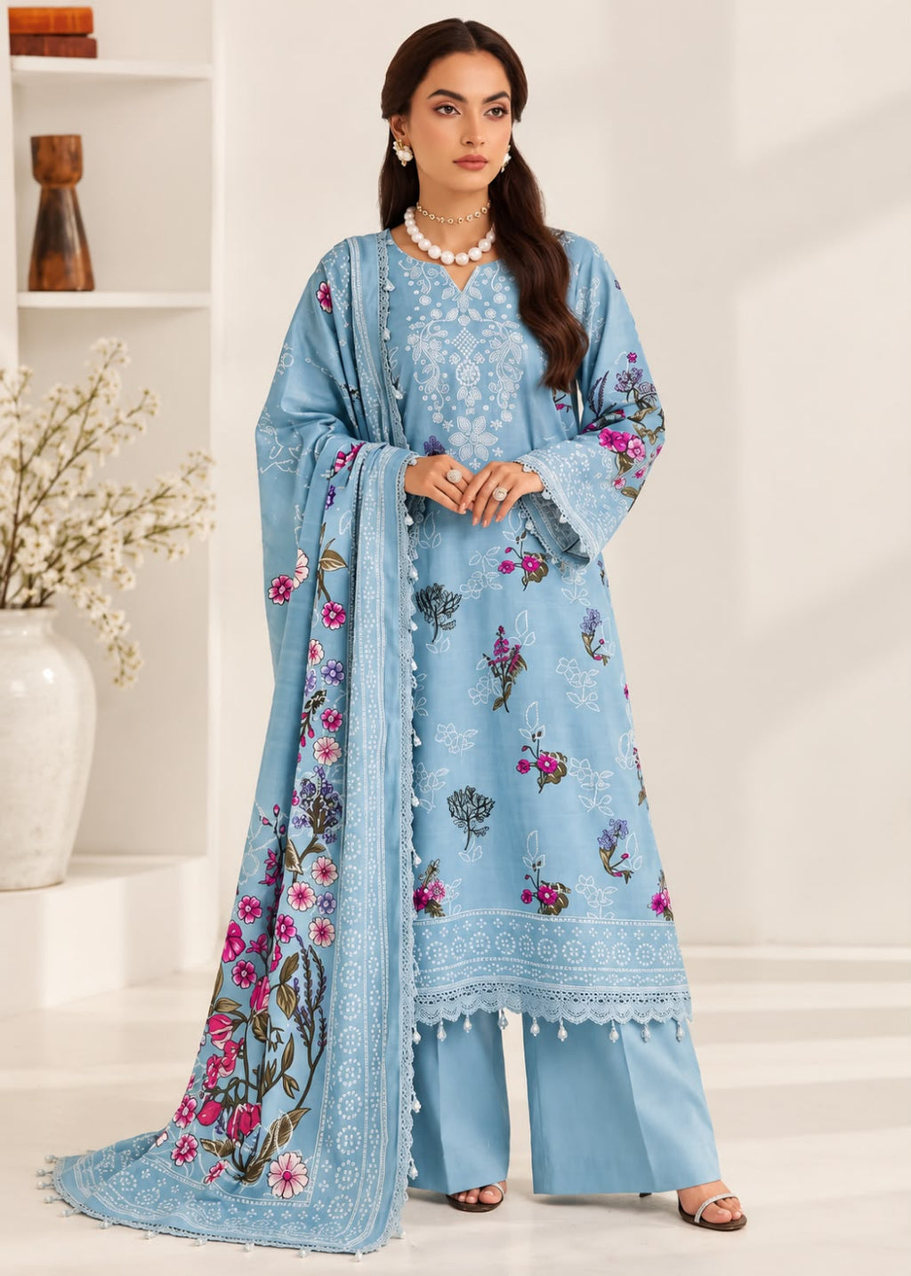 A woman models a light blue three-piece traditional outfit with floral embroidery, featuring a long kurta, wide-leg pants, and a matching dupatta, set against a bright, modern indoor background.