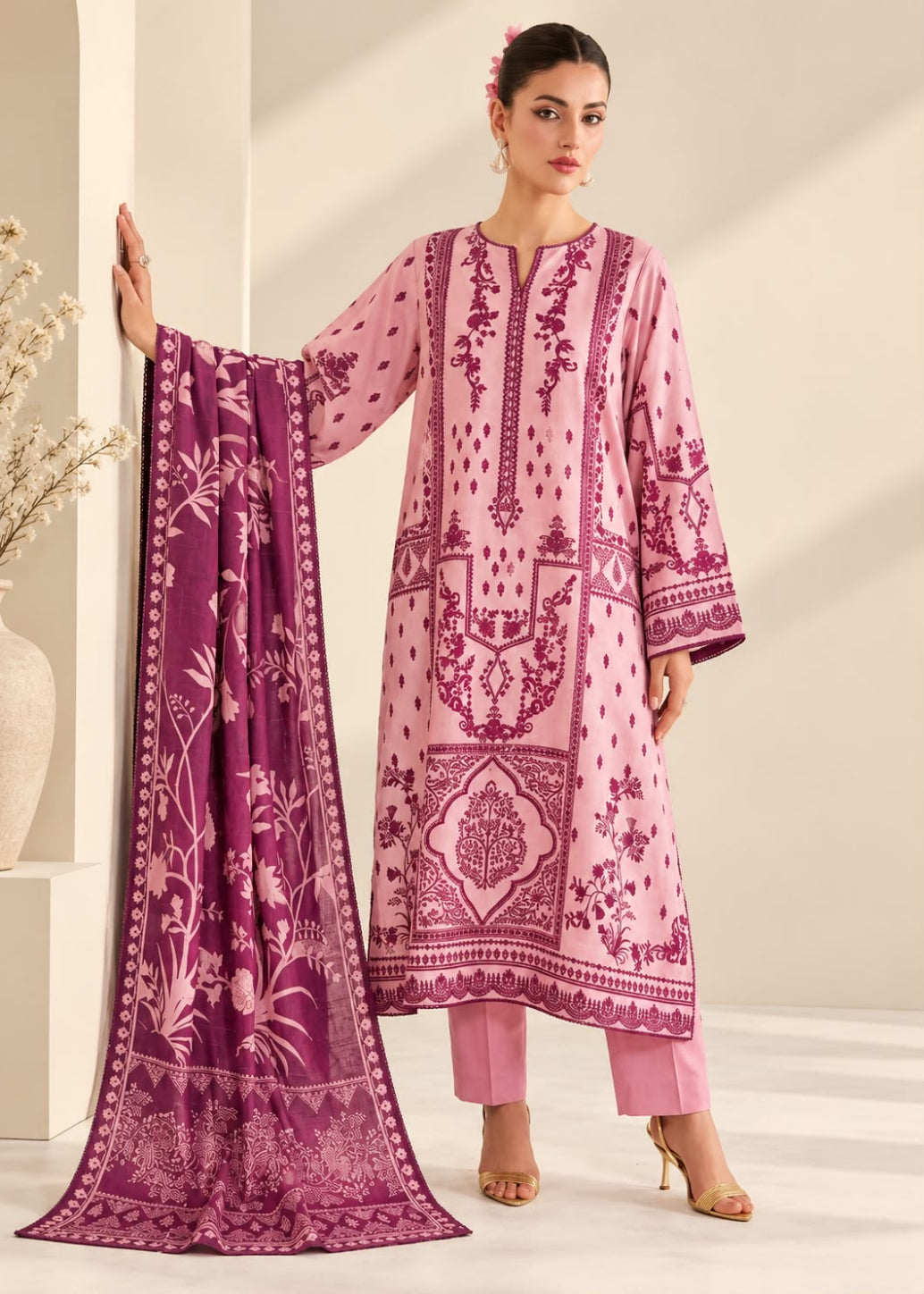 A woman models a pink three-piece traditional outfit with magenta-purple printed embroidery, including a long kurta, matching pants, and a coordinating dupatta, set against a warm beige studio background.