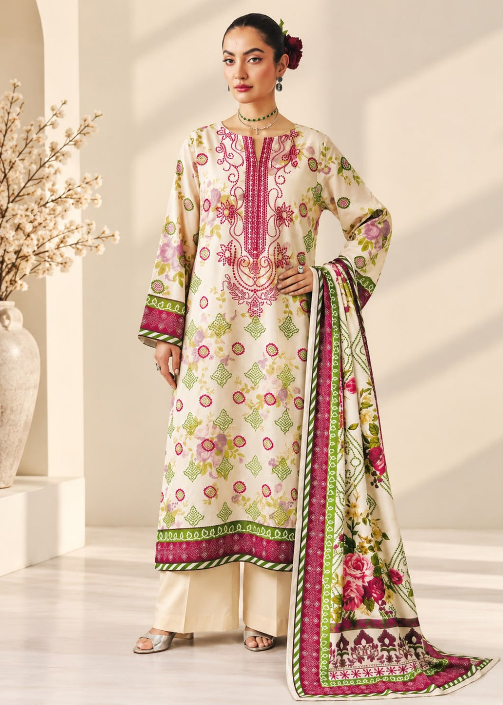 A woman models a traditional South Asian outfit consisting of a cream-colored kurta with pink and green floral patterns, matching cream pants, and a coordinating dupatta draped over her arm, set against a warm beige background with soft shadows.