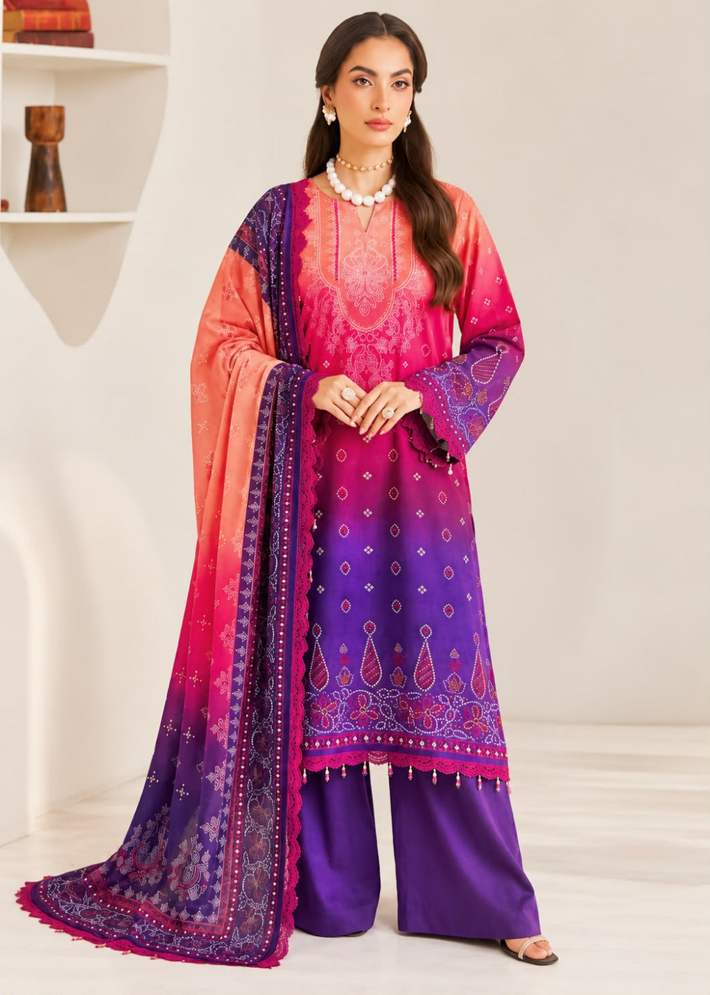 A woman models a traditional three-piece salwar kameez suit in a bright indoor setting. The outfit features a vibrant magenta and purple gradient kurta with intricate embroidery, matching wide-leg trousers, and a coordinating dupatta draped over her left shoulder.