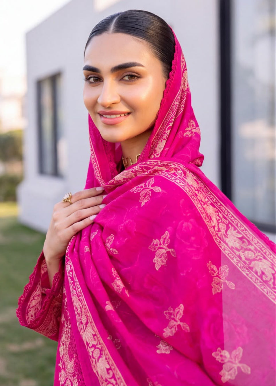 A woman modeling a bright pink traditional outfit with matching dupatta and trousers, shown in a split outdoor portrait layout. The outfit has subtle floral motifs and gold border detailing.