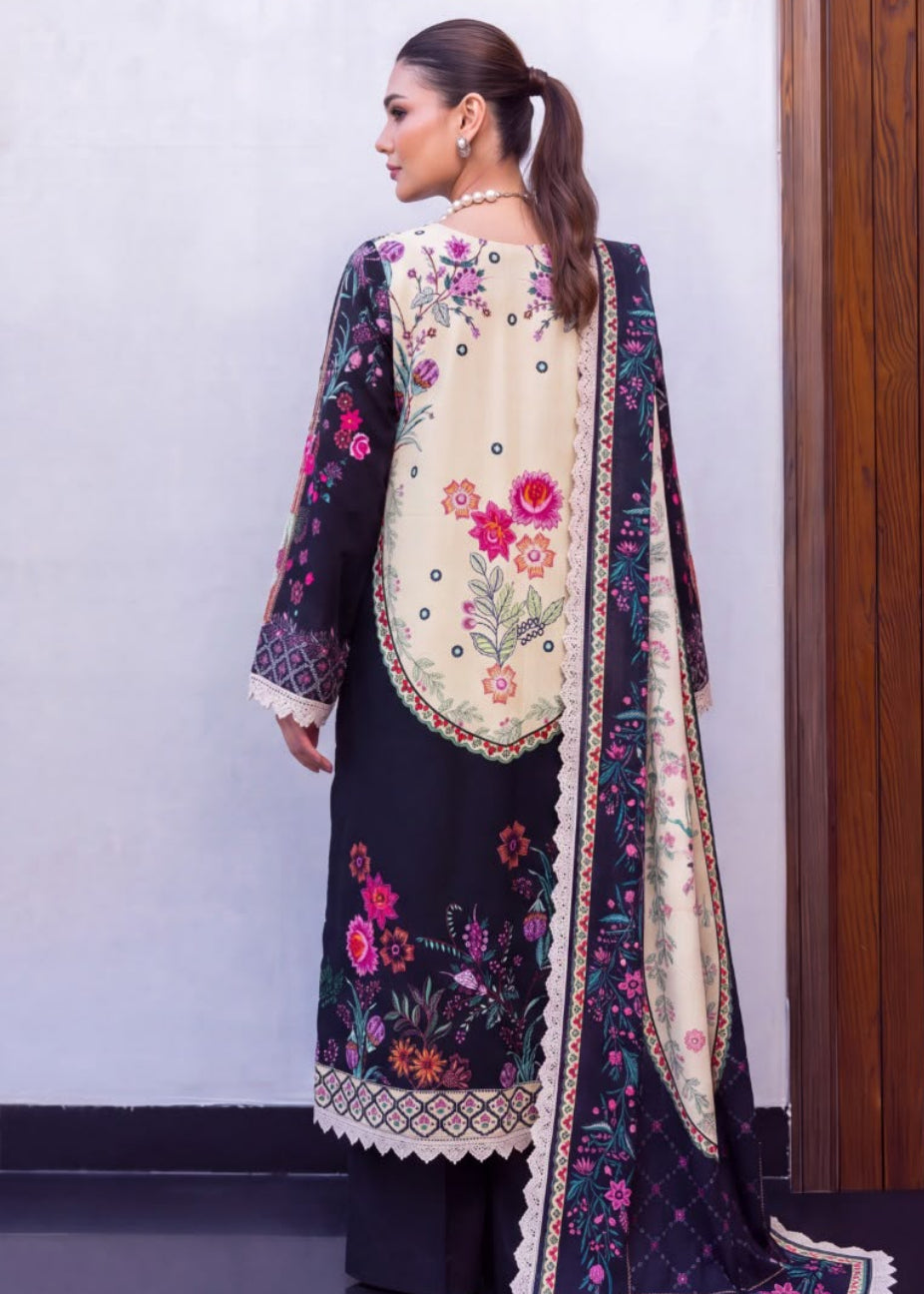 A woman modeling a traditional embroidered outfit shown in two views: a full back view on the left and a close-up front/side view on the right. The outfit has a black base with cream panels, pink and multicolor floral embroidery, and a matching embroidered dupatta.