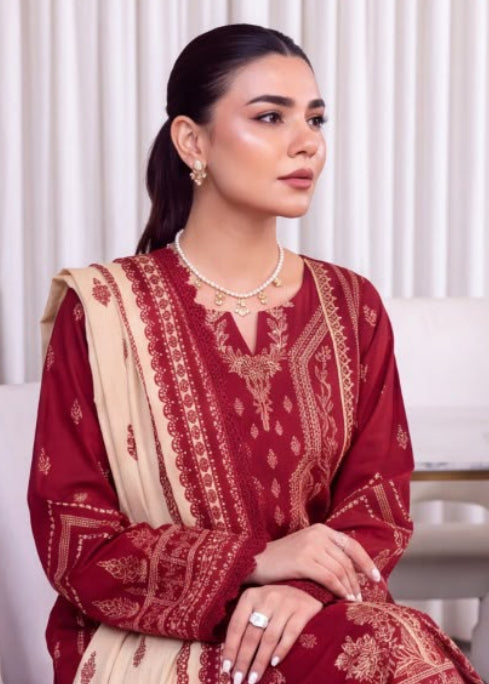 A woman models a traditional South Asian outfit in a split-screen presentation. The left panel shows her seated in a chair wearing a deep red kurta with gold embroidery, matching wide-leg trousers, and a beige dupatta with red borders and motifs.