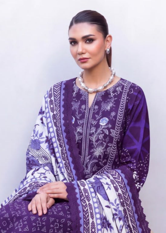 A woman modeling a traditional South Asian outfit in a split view: a close-up on the left and a seated full-length view on the right. The outfit is a purple and white printed ensemble with a matching draped scarf, worn with dark purple pants and clear high heels.