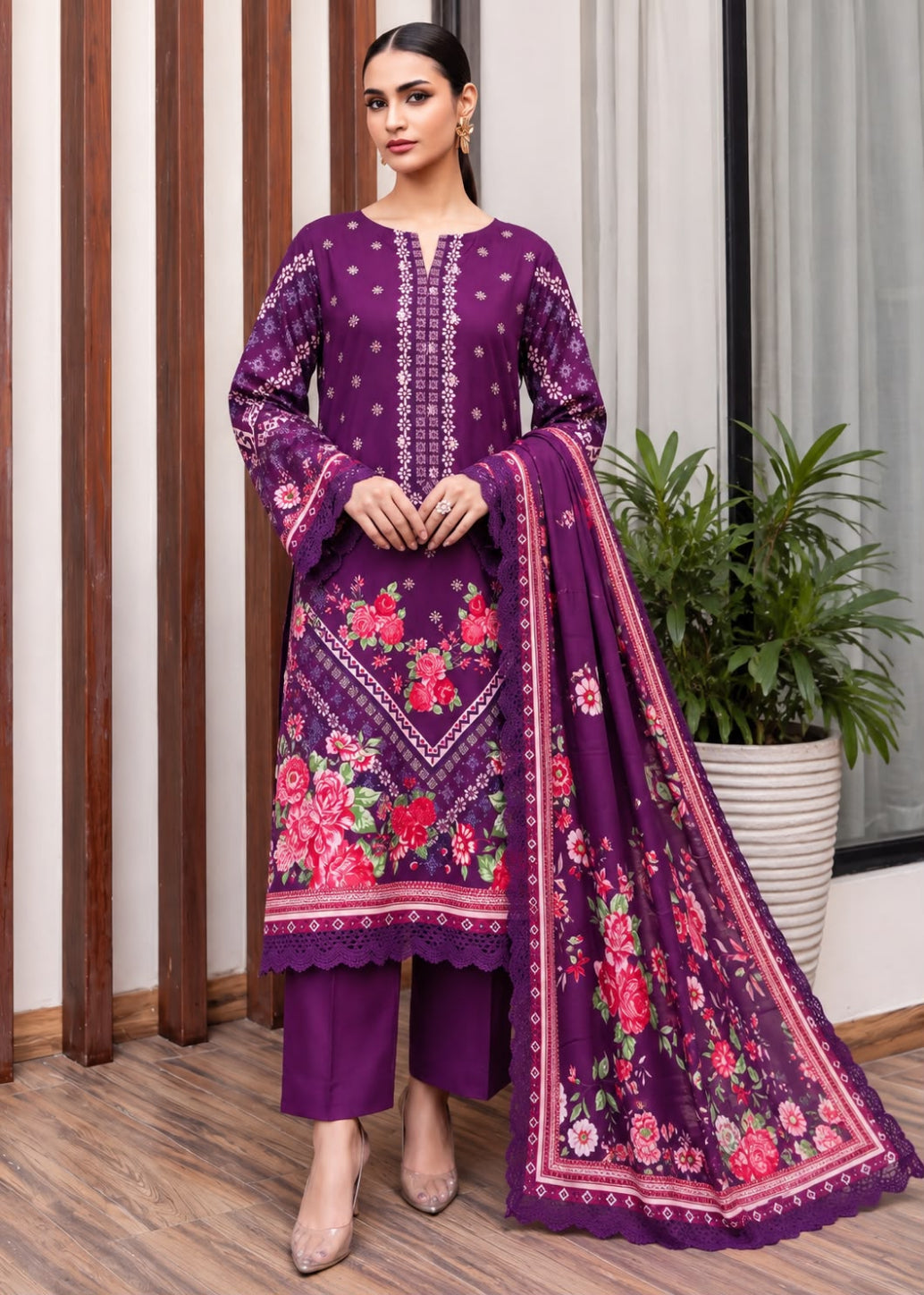 A woman models a purple ethnic salwar kameez suit with floral embroidery and a matching dupatta in an indoor setting with wooden paneling and a potted plant.