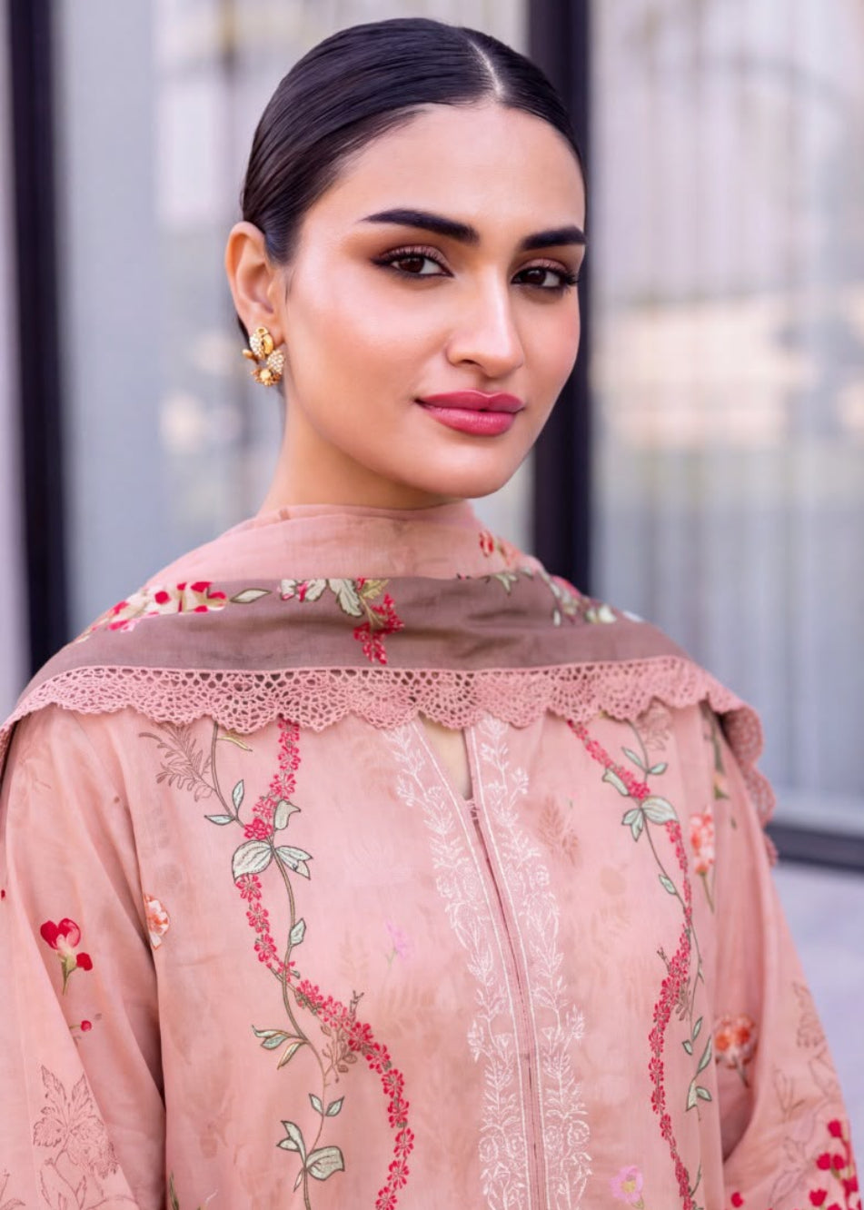 A woman modeling a light pink embroidered traditional outfit with floral detailing and a matching sheer dupatta, shown in two side-by-side views: a close-up portrait and a seated outdoor pose against a light wall and grass.