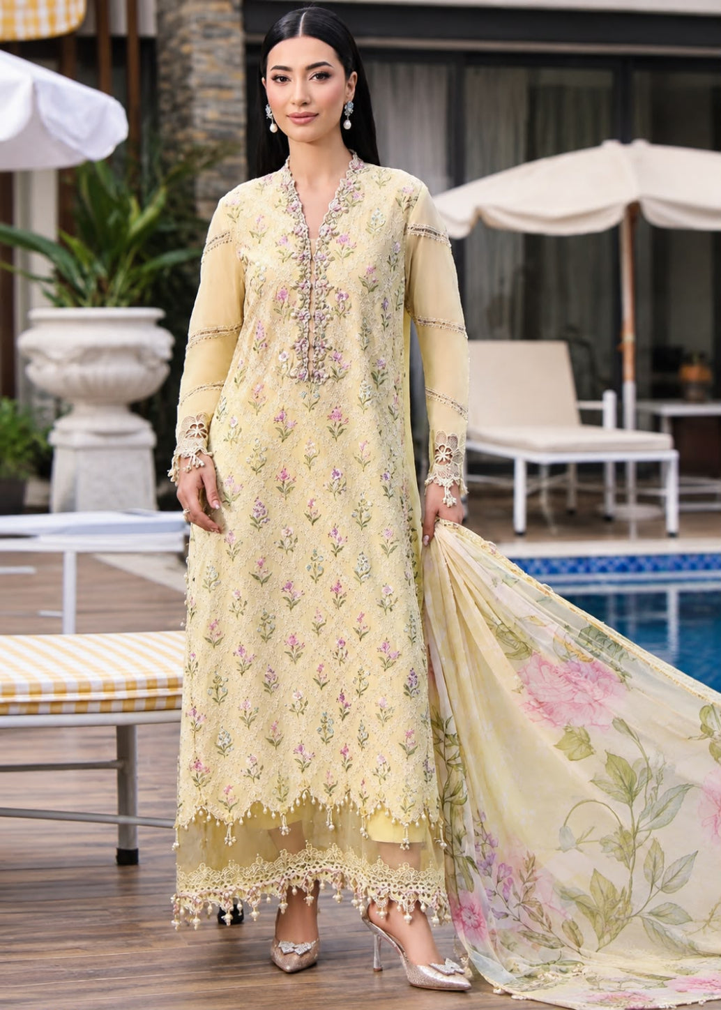 A woman models a traditional three-piece salwar kameez suit in a light beige/cream color with pink and green floral embroidery. The set includes a long kurta with intricate beadwork and embroidery, matching trousers, and a sheer printed dupatta with pink and green floral motifs, set against a luxurious outdoor poolside background.