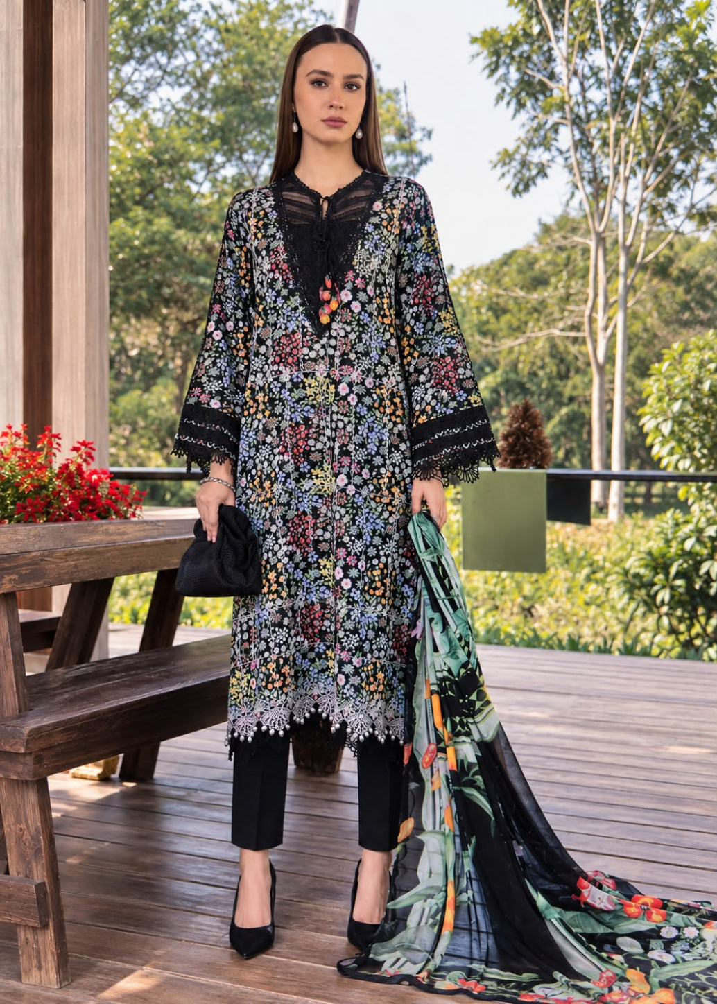 A woman stands on a wooden deck wearing a black embroidered tunic with multicolor floral patterns, black pants, and a matching printed dupatta. She is posed outdoors with trees and a bench in the background.