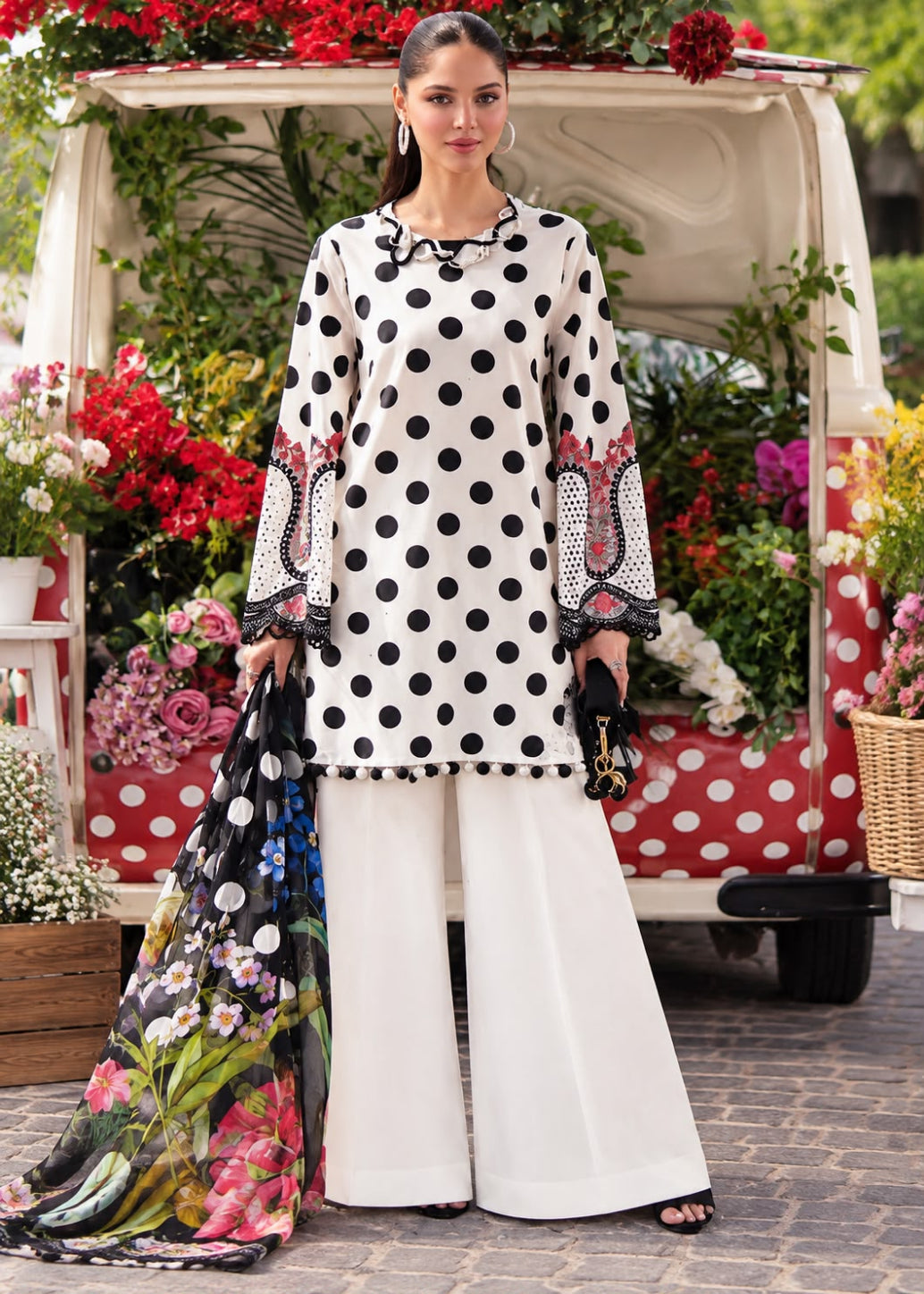 A woman models a white three-piece traditional outfit with black polka dots, featuring a long-sleeve kurta with embroidered sleeves, matching white wide-leg trousers, and a floral printed dupatta, posed in front of a decorated flower cart.