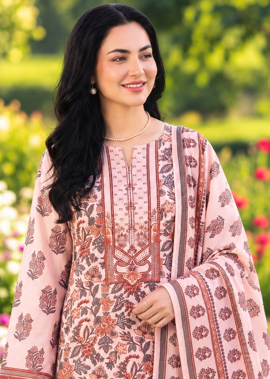 A woman wearing a light pink printed kurta with brown and rust floral motifs, standing in a garden with blurred green foliage and flowers in the background.