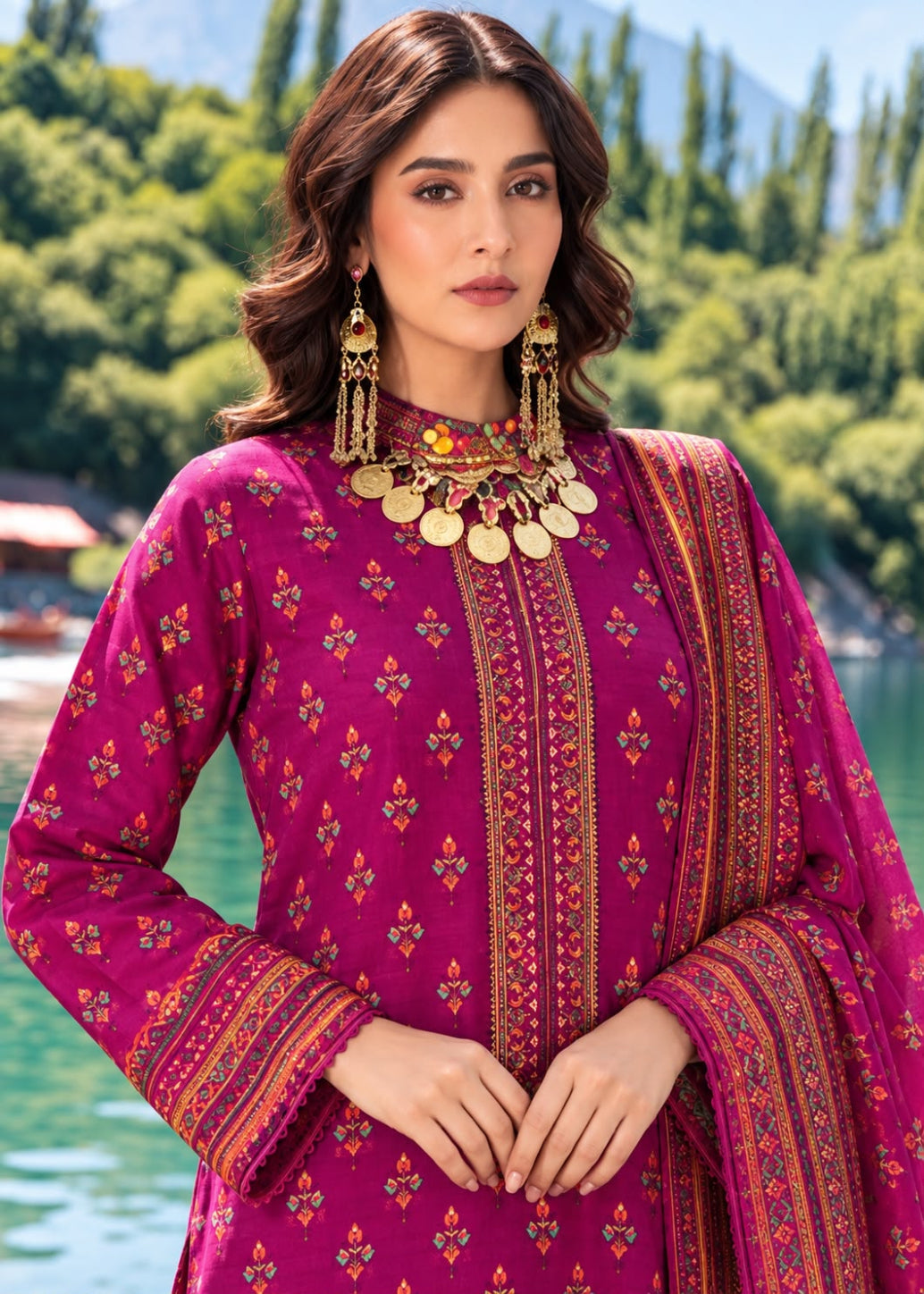 A woman wearing a bright magenta pink embroidered kurta set with a matching dupatta, gold coin necklace, and gold earrings, posed outdoors in front of a scenic lake and forest background.