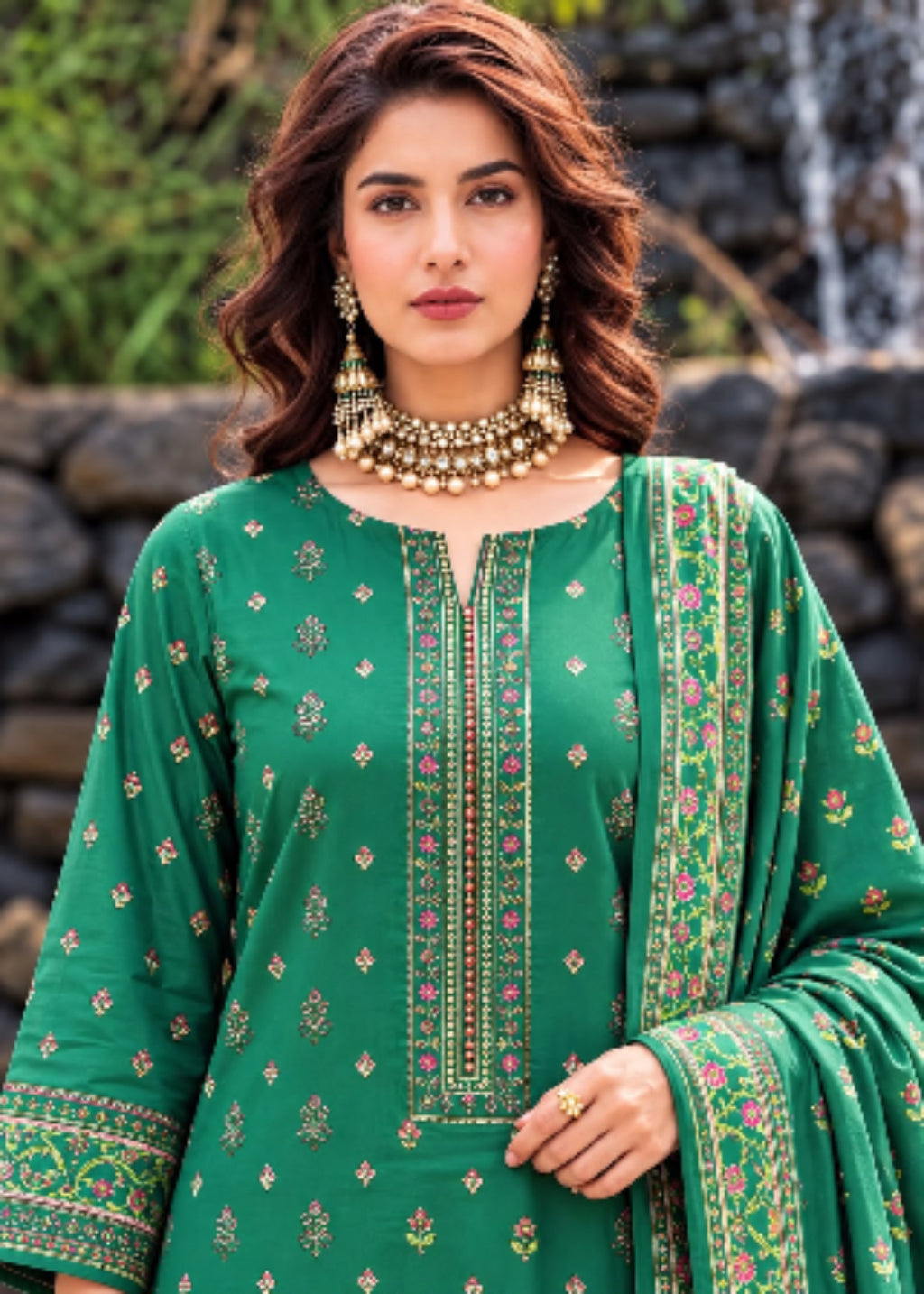 A woman wearing a green embroidered traditional outfit with a matching dupatta, gold jewelry, and a blurred outdoor background with rocks and greenery.