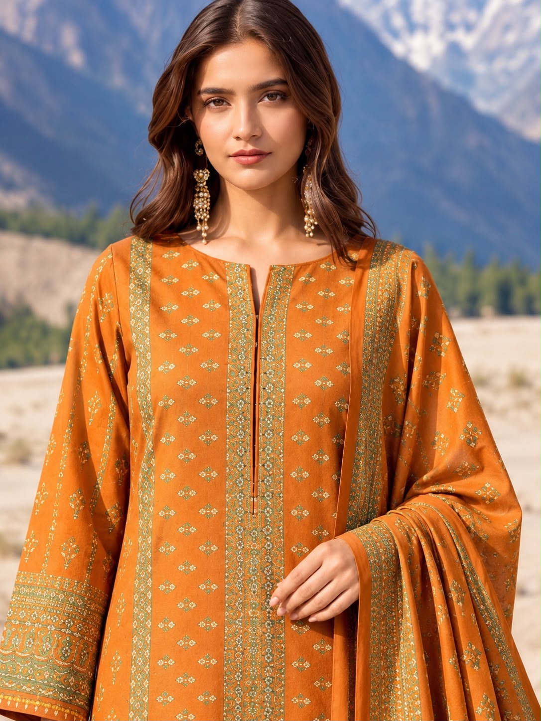 A woman wearing a mustard yellow and gold printed traditional kurta with wide sleeves, standing outdoors with mountains in the background.