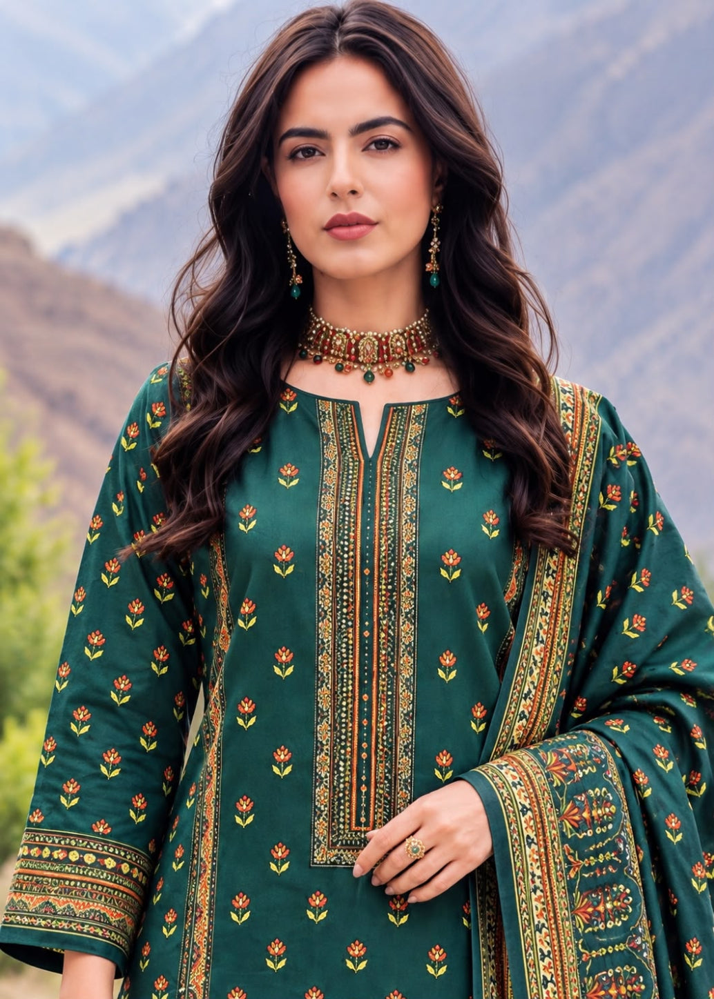 A woman wearing a dark green ethnic kurta with intricate gold, red, and white floral embroidery, paired with a matching embroidered dupatta, set against a blurred mountain background.