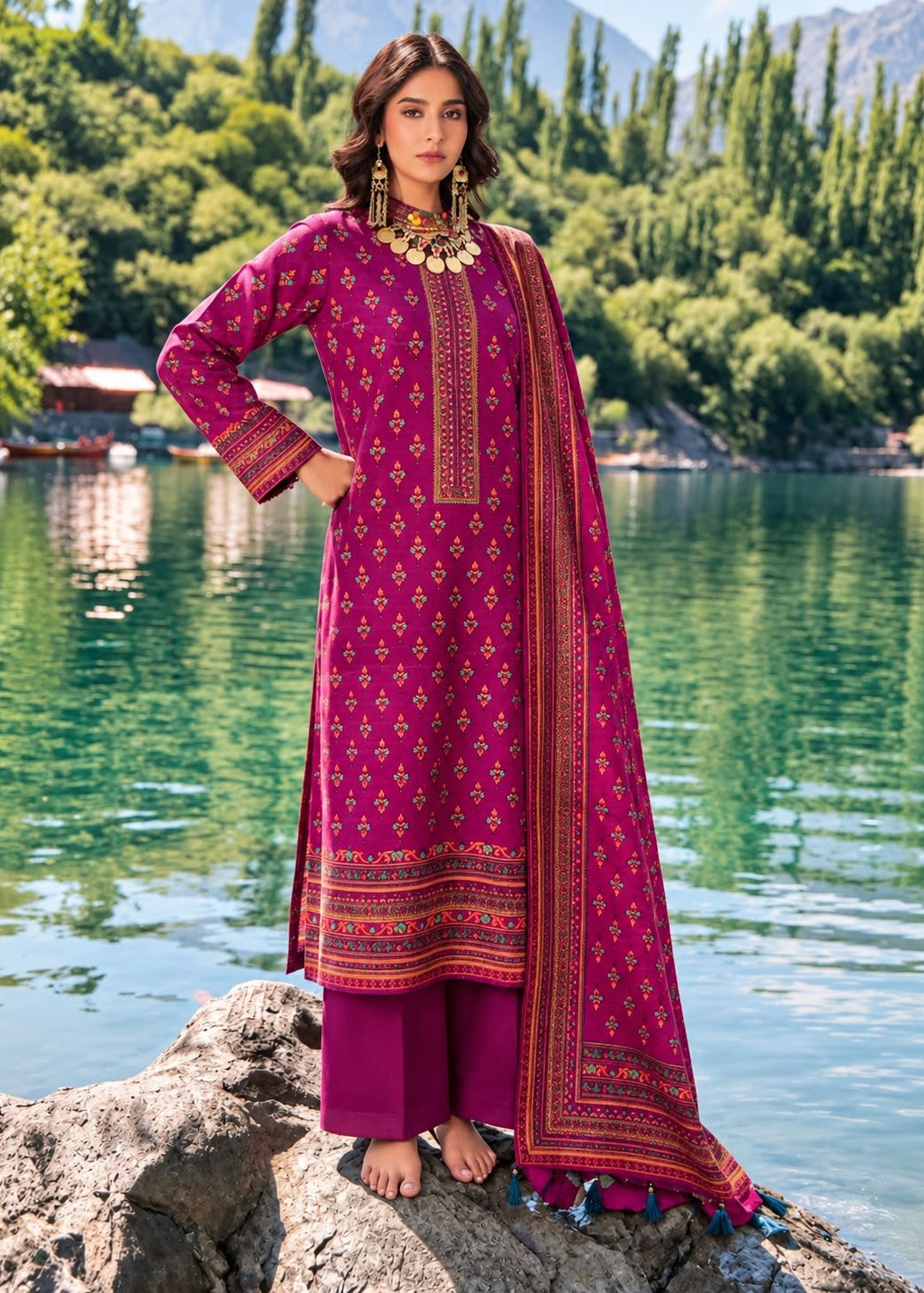 A woman stands barefoot on a rock by a lake wearing a magenta three-piece ethnic outfit with gold embroidery, a matching dupatta, and gold jewelry, with a scenic mountain and lake background.