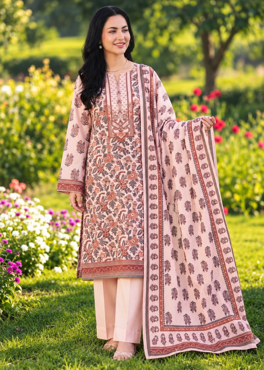 A woman stands outdoors in a garden wearing a traditional printed salwar kameez suit. The outfit features a light pink kurta and matching trousers with brown and beige floral patterns, paired with a coordinating dupatta.