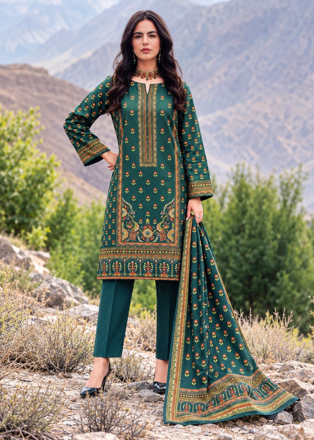 A woman stands outdoors in a mountainous, rocky landscape wearing a dark green traditional outfit with gold and beige embroidery, matching pants, and a long dupatta with ornate border detailing.