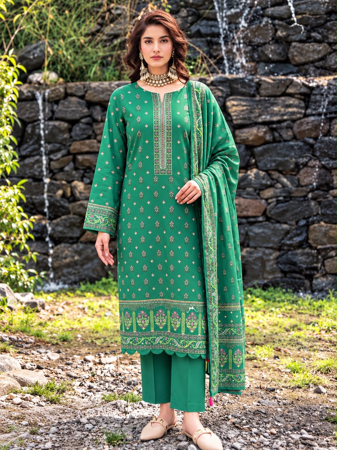 A woman stands outdoors in front of a stone wall and small waterfalls, wearing a green traditional outfit with matching pants and a draped scarf. The outfit has gold and white embroidered details, including a decorative border near the hem and sleeve cuffs.