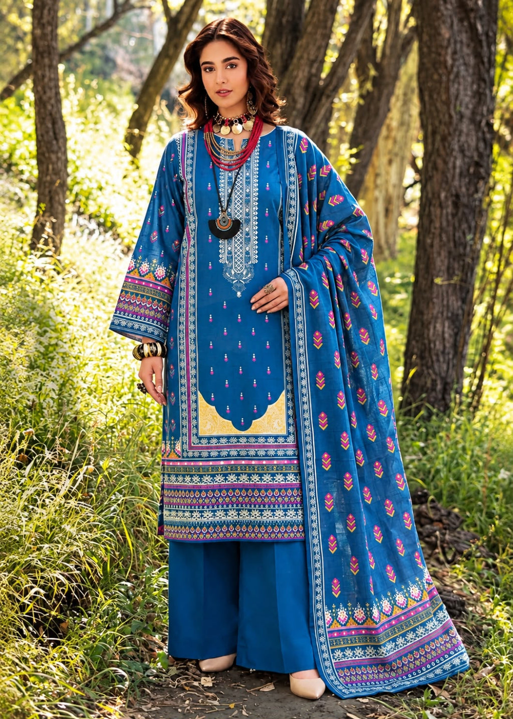 A woman stands outdoors in a wooded area wearing a traditional blue three-piece salwar kameez suit with colorful floral prints and embroidery, matching wide-leg trousers, and a draped dupatta.