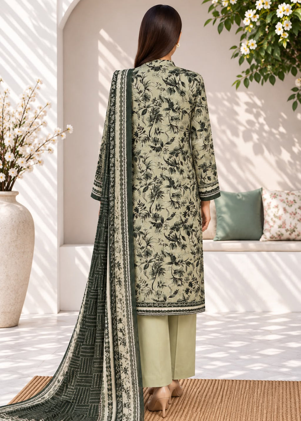 A woman stands with her back to the camera wearing a printed traditional outfit consisting of a long kurta, pants, and a dupatta. The outfit has a sage green base with black floral and geometric patterns, set against a softly lit indoor patio background.