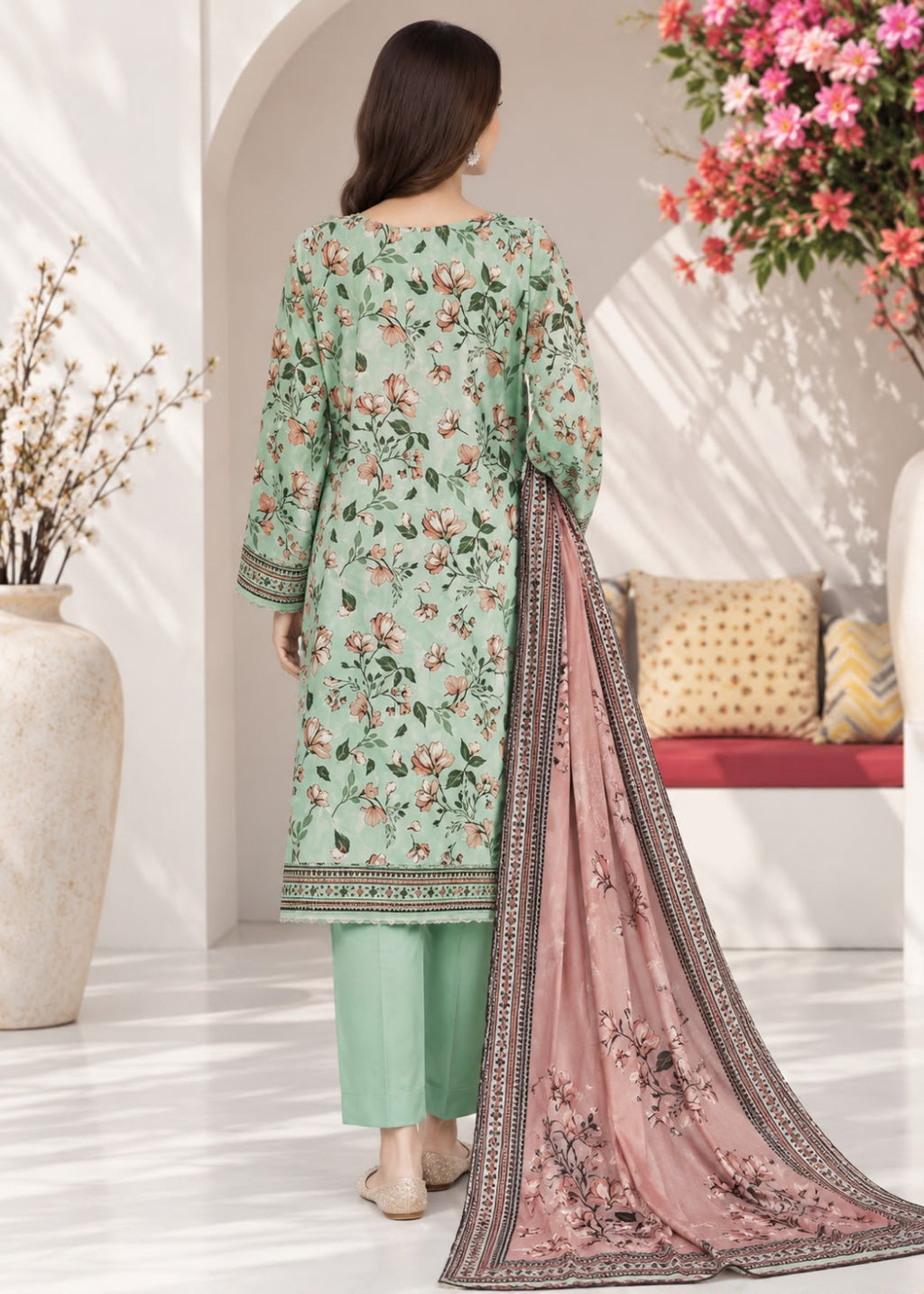 A woman stands with her back to the camera wearing a mint green floral salwar kameez set with matching pants and a dusty pink dupatta with a dark border, set against a bright, modern indoor courtyard background.