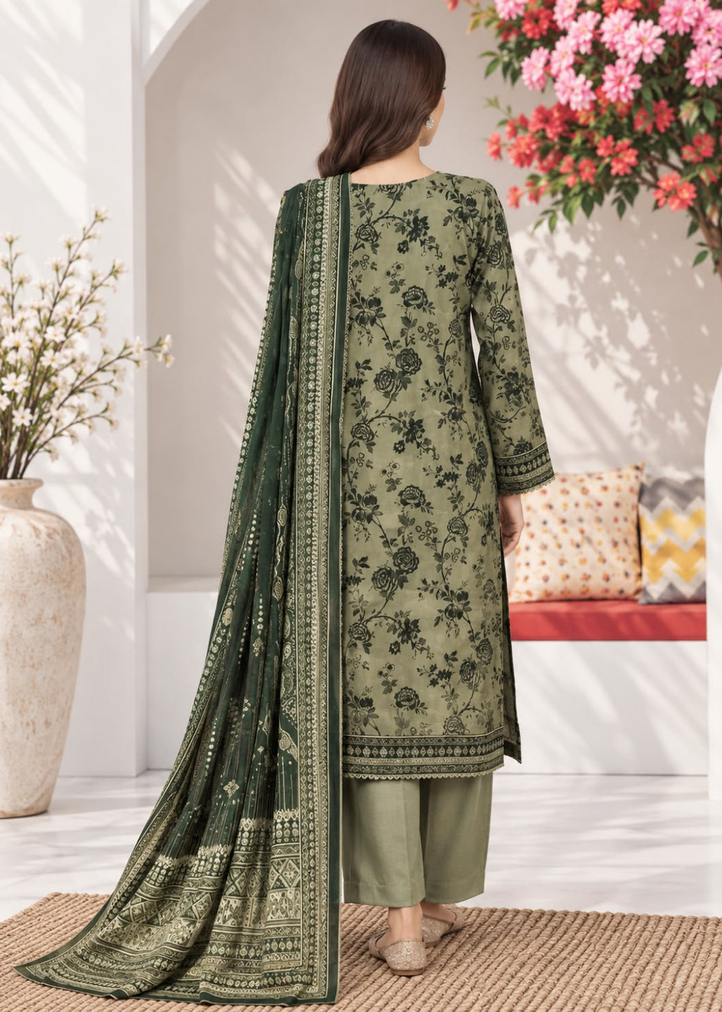A woman stands with her back to the camera wearing an olive green traditional outfit with floral embroidery, matching pants, and a long patterned dupatta in a bright indoor setting with decorative plants and cushions.