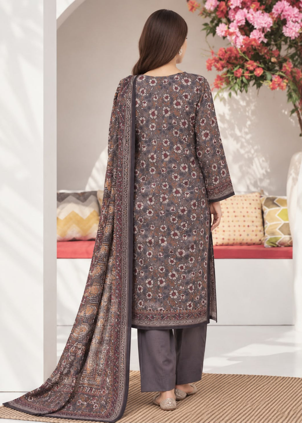 A woman shown from the back wearing a traditional three-piece salwar kameez suit. The outfit consists of a brownish-gray printed tunic with floral motifs, matching trousers, and a long printed dupatta draped over her left shoulder.