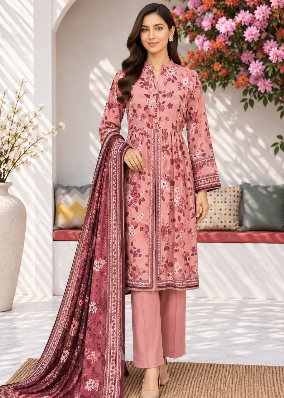 A woman models a three-piece pink ethnic suit set featuring a floral printed kurta, matching trousers, and a coordinating dupatta, set against a stylized outdoor patio backdrop.