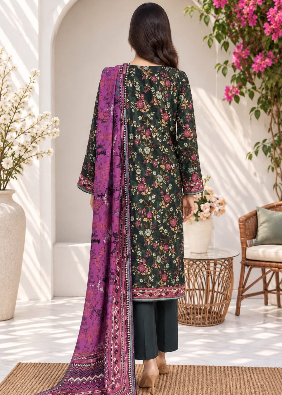 A woman stands with her back to the camera wearing a dark green floral kurta with a purple printed dupatta, paired with dark green pants, in a bright, sunlit courtyard setting.