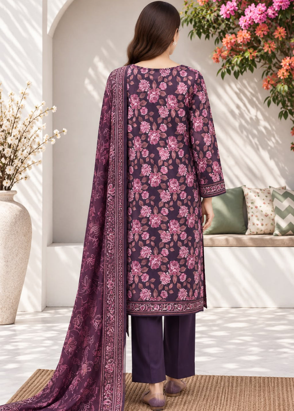 A woman stands with her back to the camera wearing a dark purple floral salwar kameez outfit with a matching printed dupatta, set against a sunlit outdoor patio backdrop with cushions and flowers.