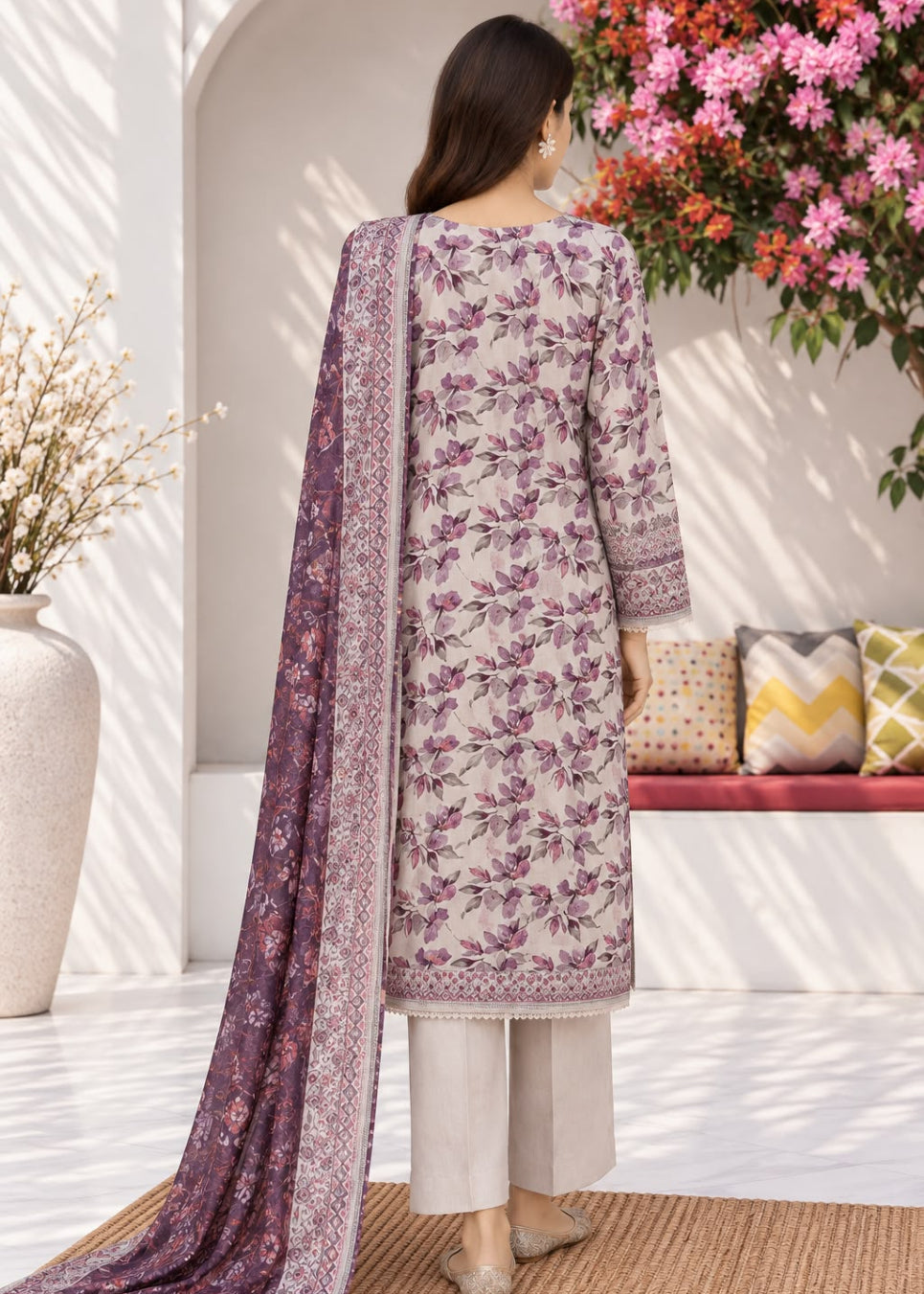 A woman stands with her back to the camera wearing a traditional three-piece salwar kameez suit. The kurta is light beige with a purple floral print and a matching purple border, paired with light beige trousers and a long purple dupatta with a detailed border.