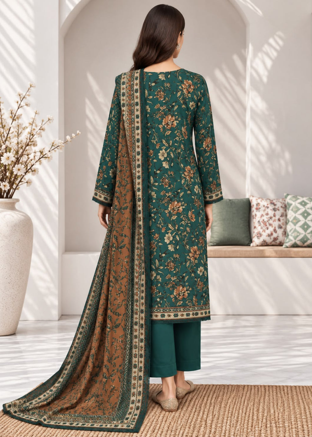 A woman stands with her back to the camera wearing a dark teal green traditional outfit with an intricate floral pattern, matching pants, and a long patterned dupatta draped over her shoulder in a bright, modern room.