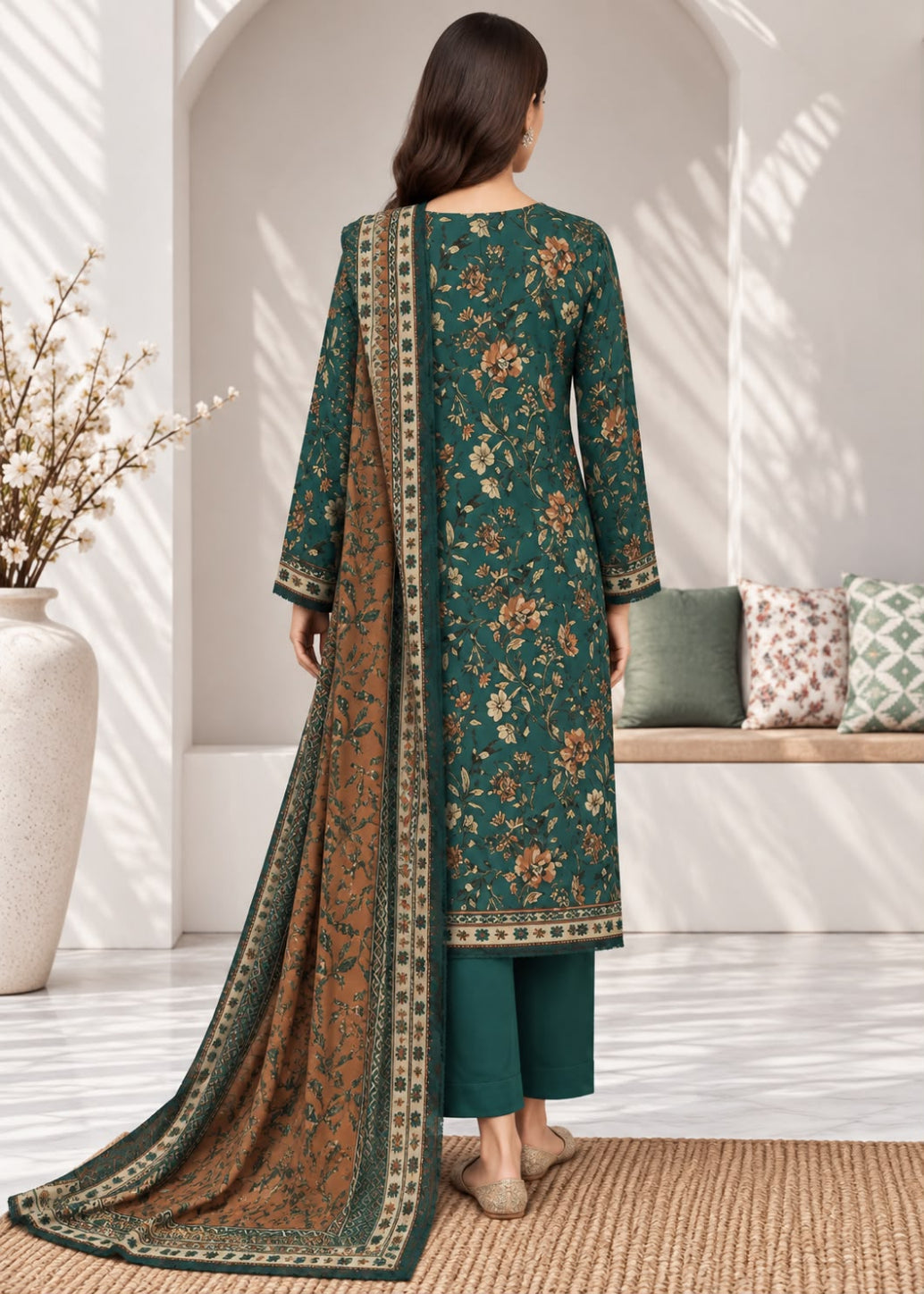 A woman stands with her back to the camera wearing a dark teal green traditional outfit with an intricate floral pattern, matching pants, and a long patterned dupatta draped over her shoulder in a bright, modern room.