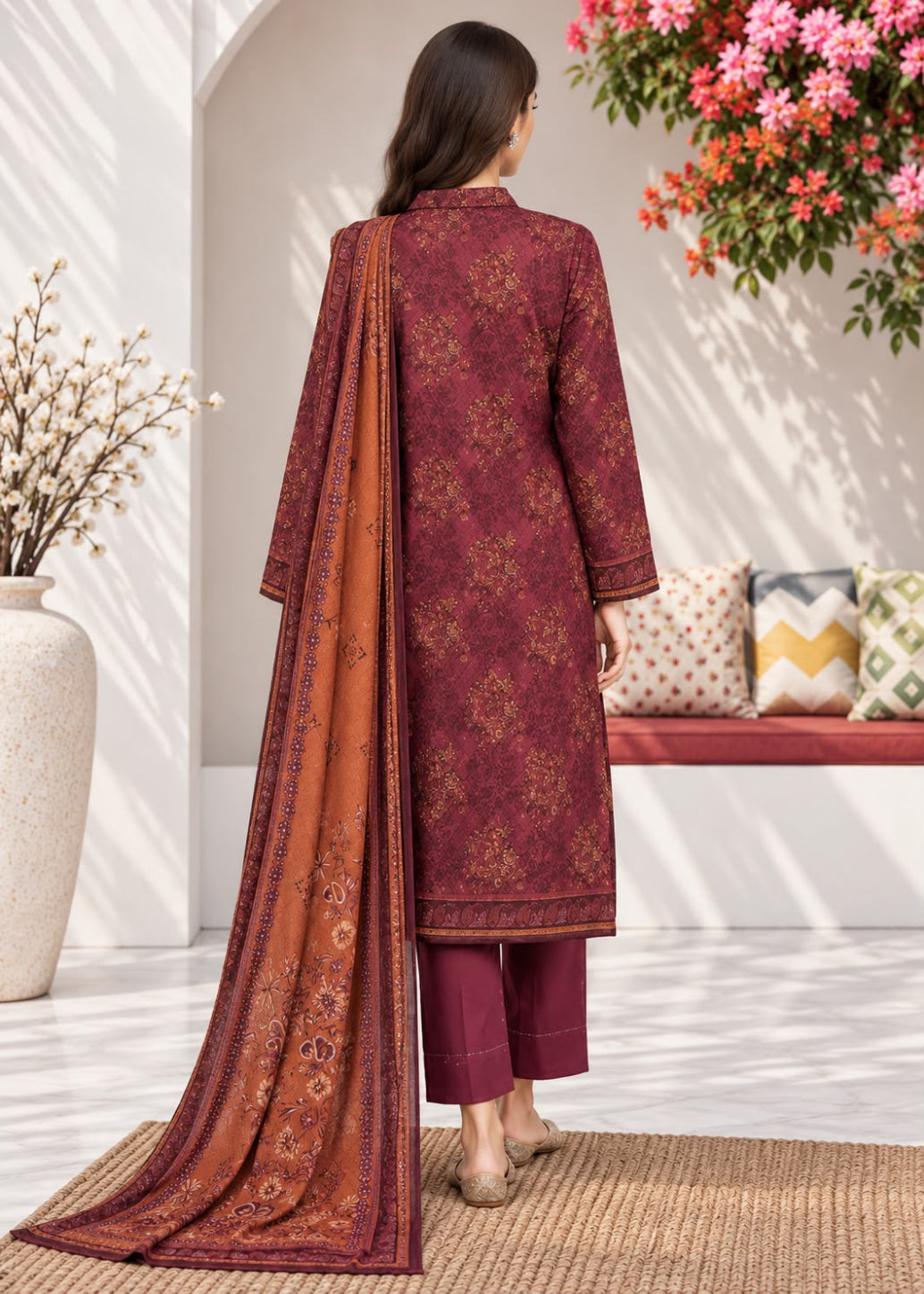 A woman stands with her back to the camera wearing a traditional Indian salwar kameez outfit. The outfit consists of a deep maroon kurta with gold floral patterns, maroon pants, and a rust-orange dupatta with gold border patterns.
