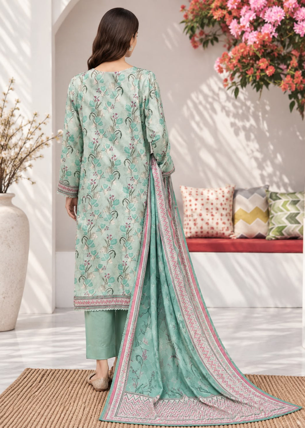 A woman stands with her back to the camera wearing a mint green ethnic three-piece suit with floral prints and a matching dupatta, set against a bright, modern interior background with decorative pillows and a bench.