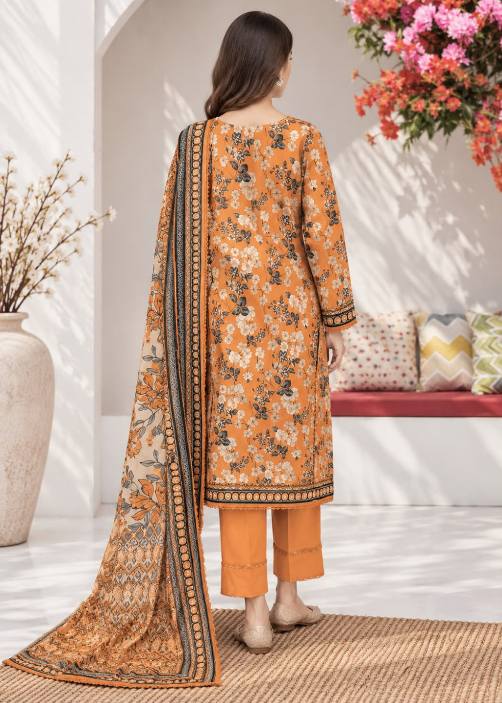 A woman stands with her back to the camera wearing a traditional three-piece salwar kameez suit in mustard yellow. The kurta features an intricate floral print in beige and black, paired with solid mustard yellow pants and a matching printed dupatta with a black border.