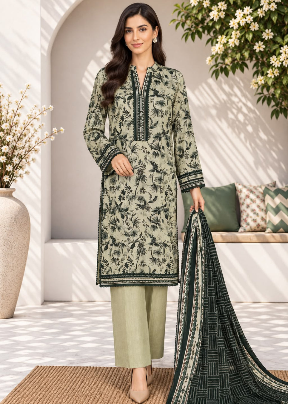 A woman models a three-piece Indian ethnic salwar kameez suit set. The set features a light sage green kurta with a black floral print and border embroidery, paired with matching sage green trousers and a dark green dupatta with a black geometric border.
