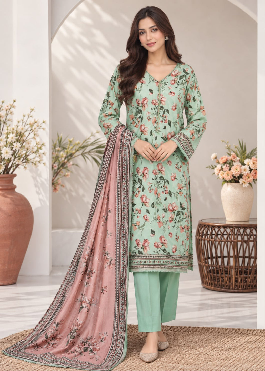 A woman models a light green salwar kameez suit with a floral print, mint green trousers, and a dusty pink dupatta with a printed border, set against a warm, neutral background with decorative plants.