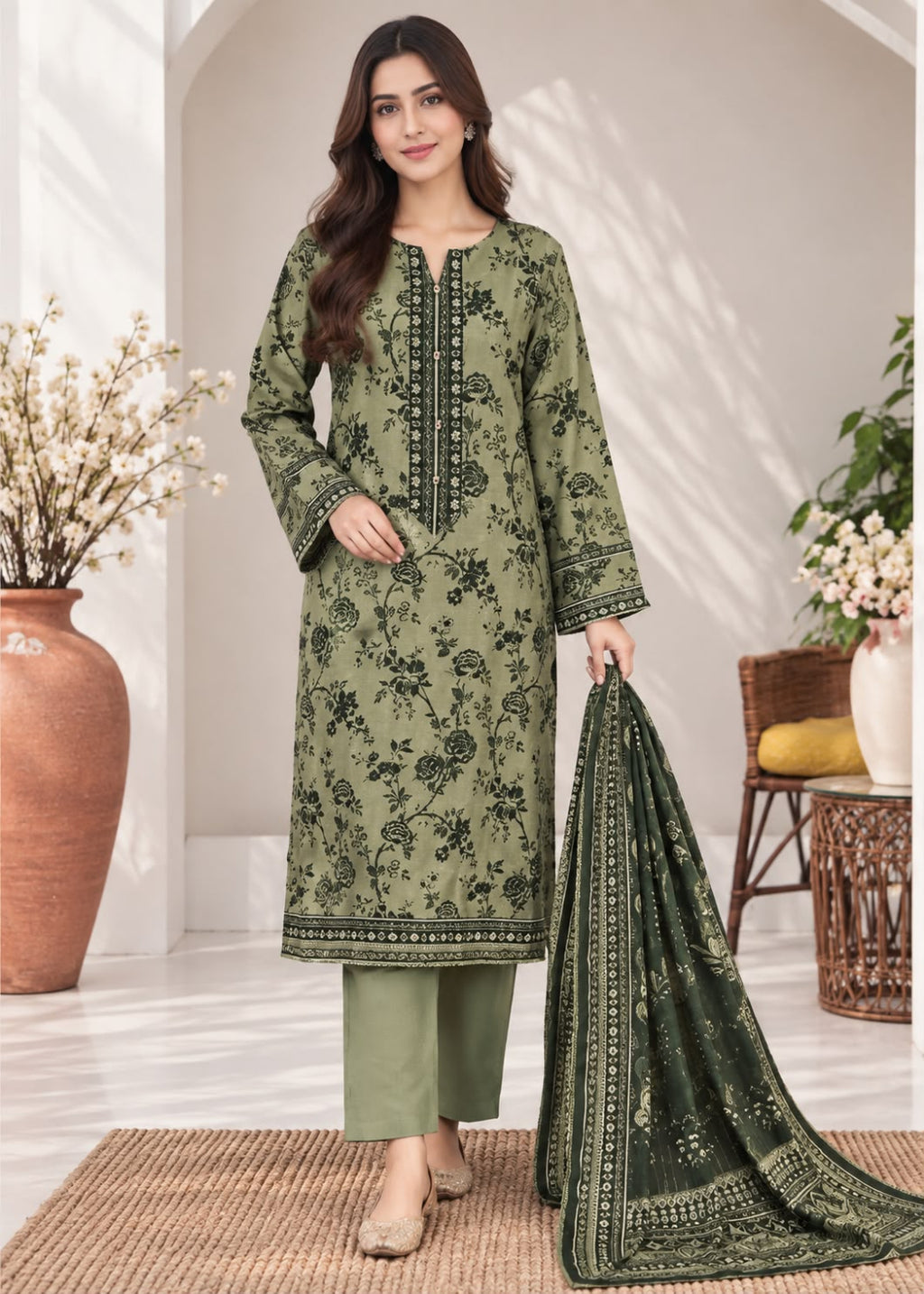 A woman models a three-piece olive green ethnic suit with black floral embroidery, matching trousers, and a coordinating dupatta in a bright, modern room setting.