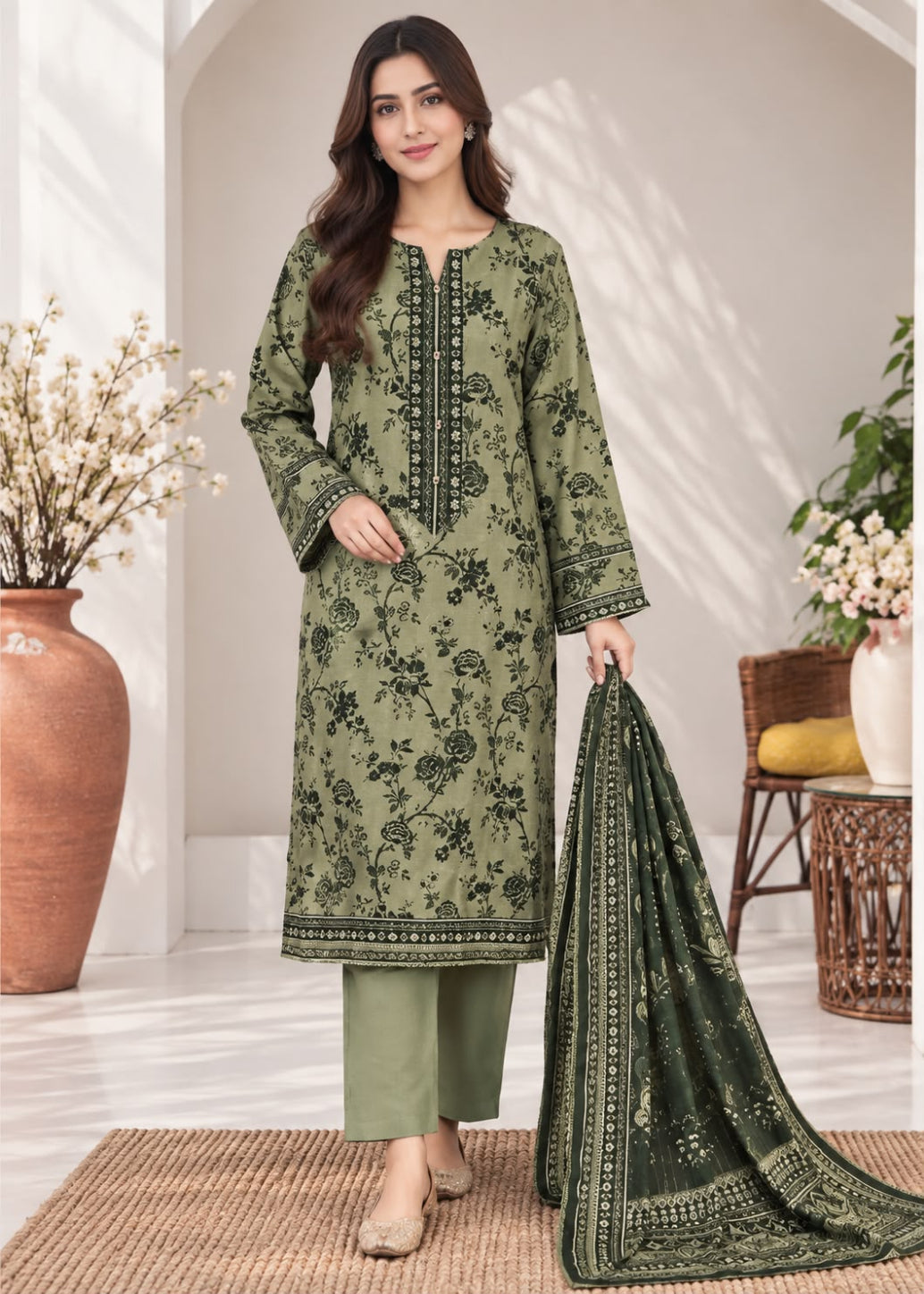 A woman models a three-piece olive green ethnic suit with black floral embroidery, matching trousers, and a coordinating dupatta in a bright, modern room setting.