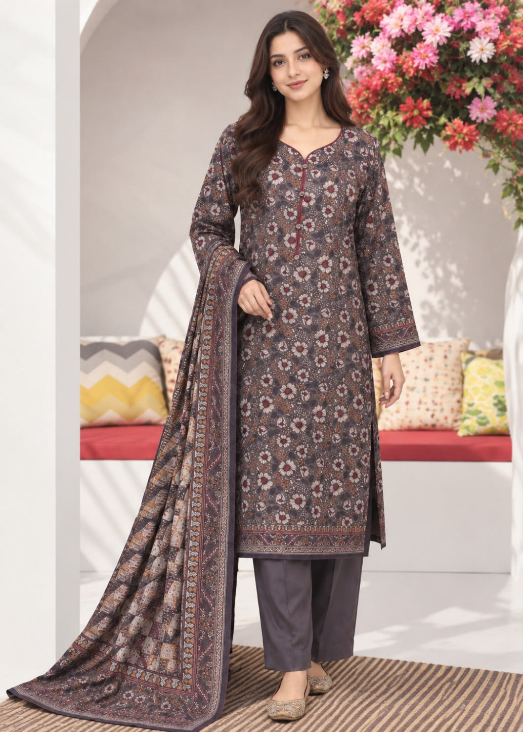 A woman models a traditional Indian salwar kameez suit set in a decorated indoor setting. The set features a dark brown kurta with a detailed multicolor floral print, matching dark brown trousers, and a coordinating dupatta with a printed border.