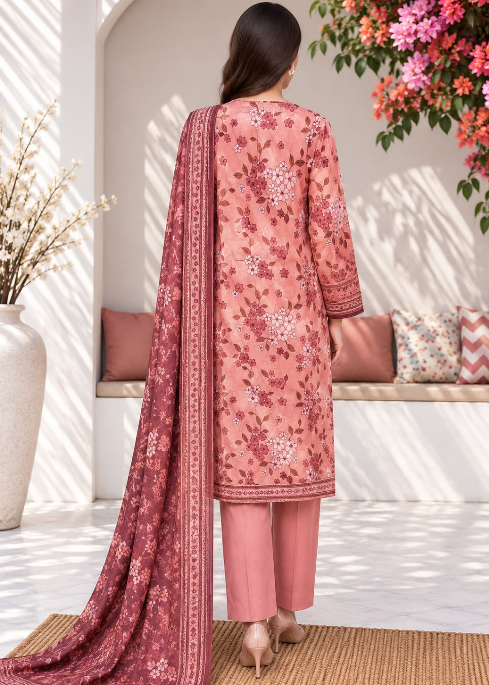 A woman stands with her back to the camera wearing a pink floral traditional outfit with matching pants and a long patterned dupatta in a bright indoor setting with cushions and flowers.