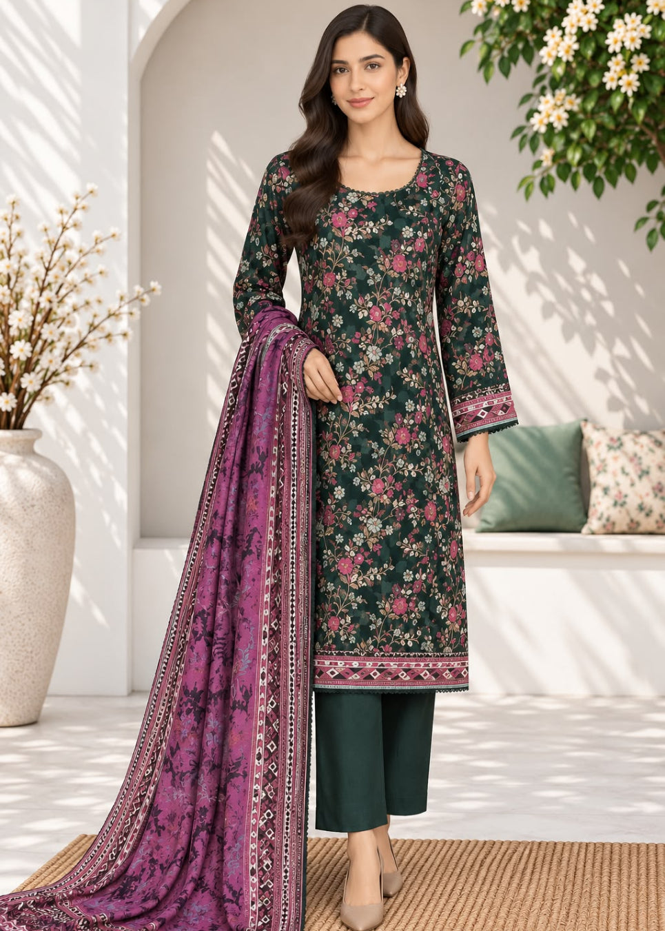 A woman models a dark green floral salwar kameez suit with a purple printed dupatta, standing in a bright, modern courtyard setting.