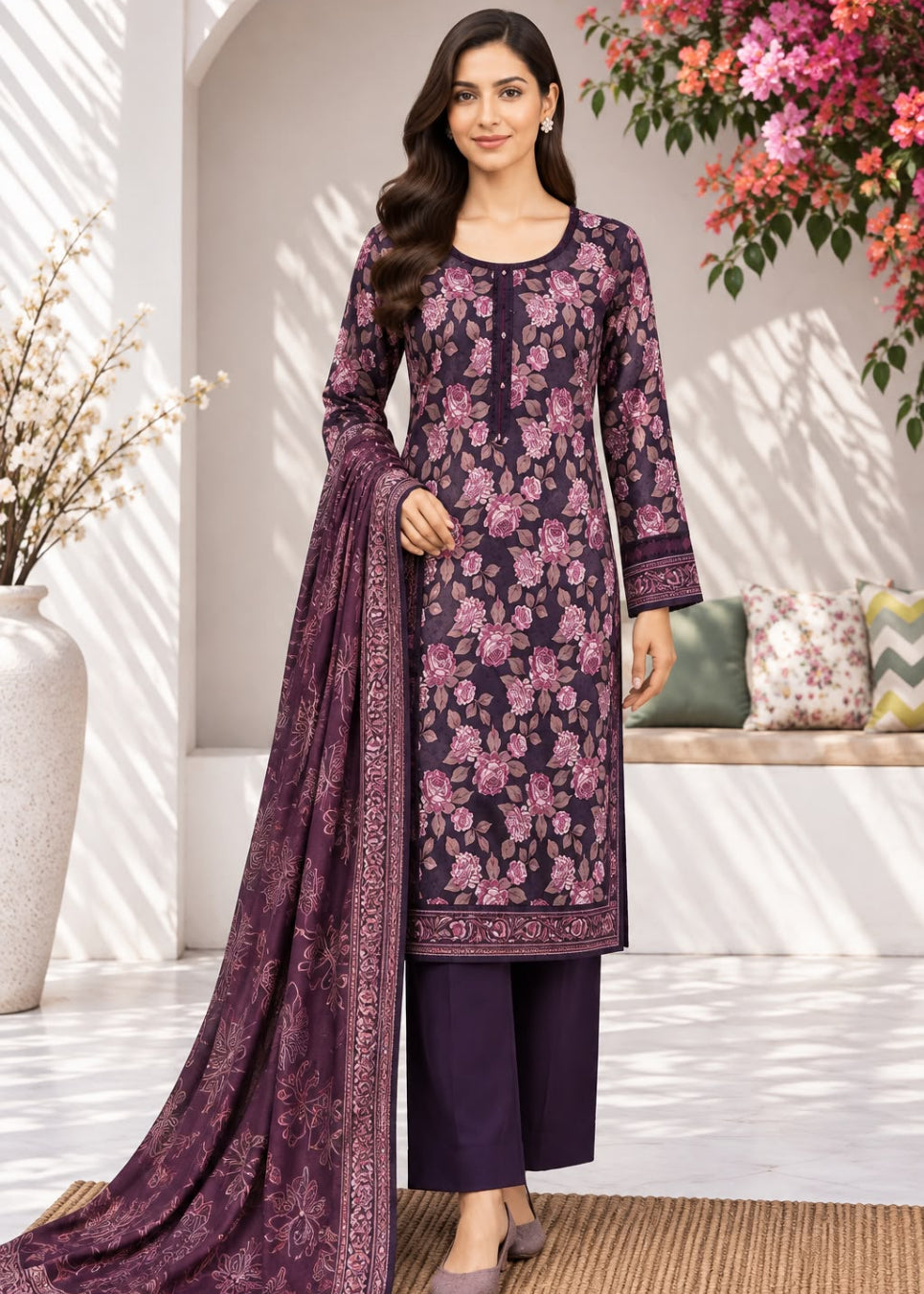 A woman models a traditional Indian salwar kameez suit set in a bright, sunlit courtyard. The set features a dark purple kurta with a pink floral pattern, matching solid purple trousers, and a coordinating purple dupatta with a detailed border.