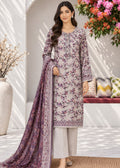 A woman models a traditional Indian salwar kameez suit set. The set features a light beige kurta with a purple floral print, light beige straight-leg pants, and a matching purple printed dupatta with a detailed border.