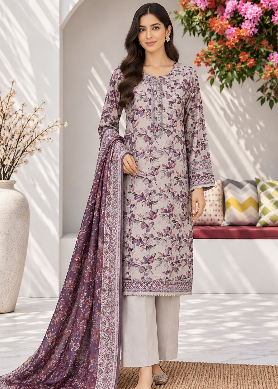 A woman models a traditional Indian salwar kameez suit set. The set features a light beige kurta with a purple floral print, light beige straight-leg pants, and a matching purple printed dupatta with a detailed border.